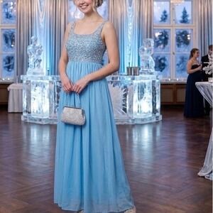 Handmade Women's Sleeveless Chiffon Crochet Knit Maxi Dress Fairy Core Blue S